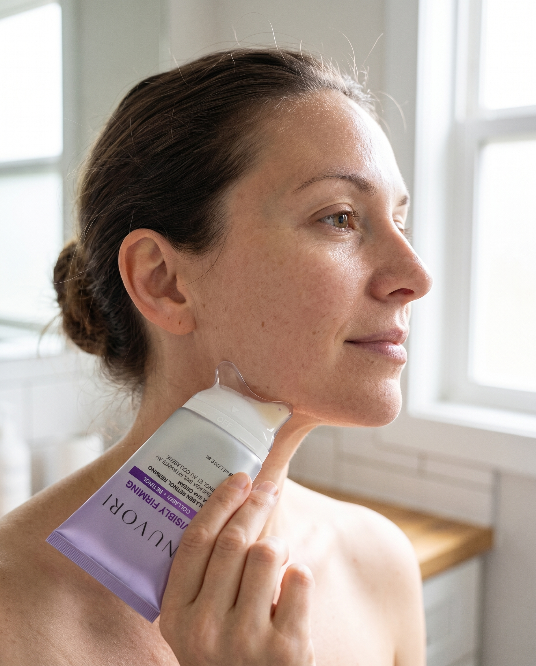 Woman using the built-in gua sha tool along her jawline