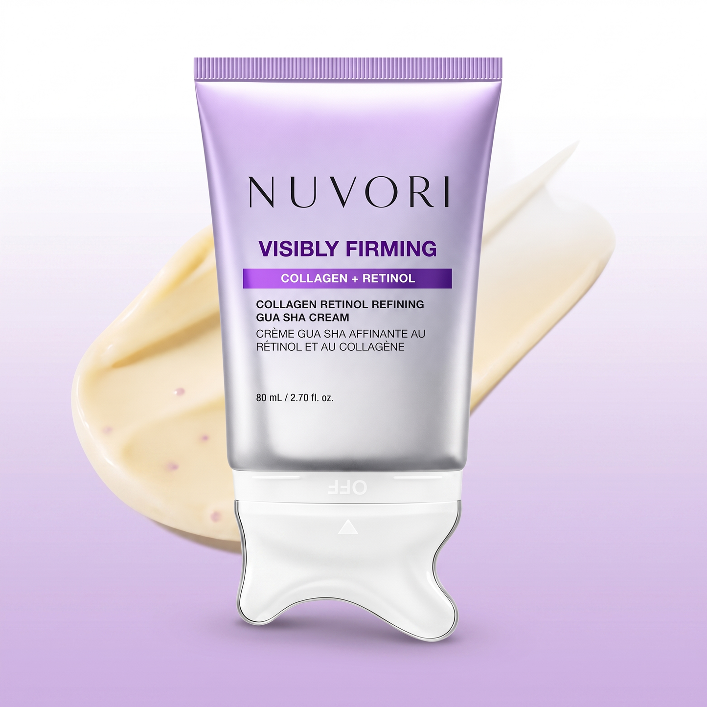 NUVORI Visibly Firming Collagen Retinol Gua Sha Cream tube on lilac gradient