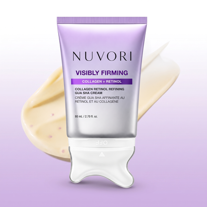 NUVORI Visibly Firming Collagen Retinol Gua Sha Cream tube on lilac gradient