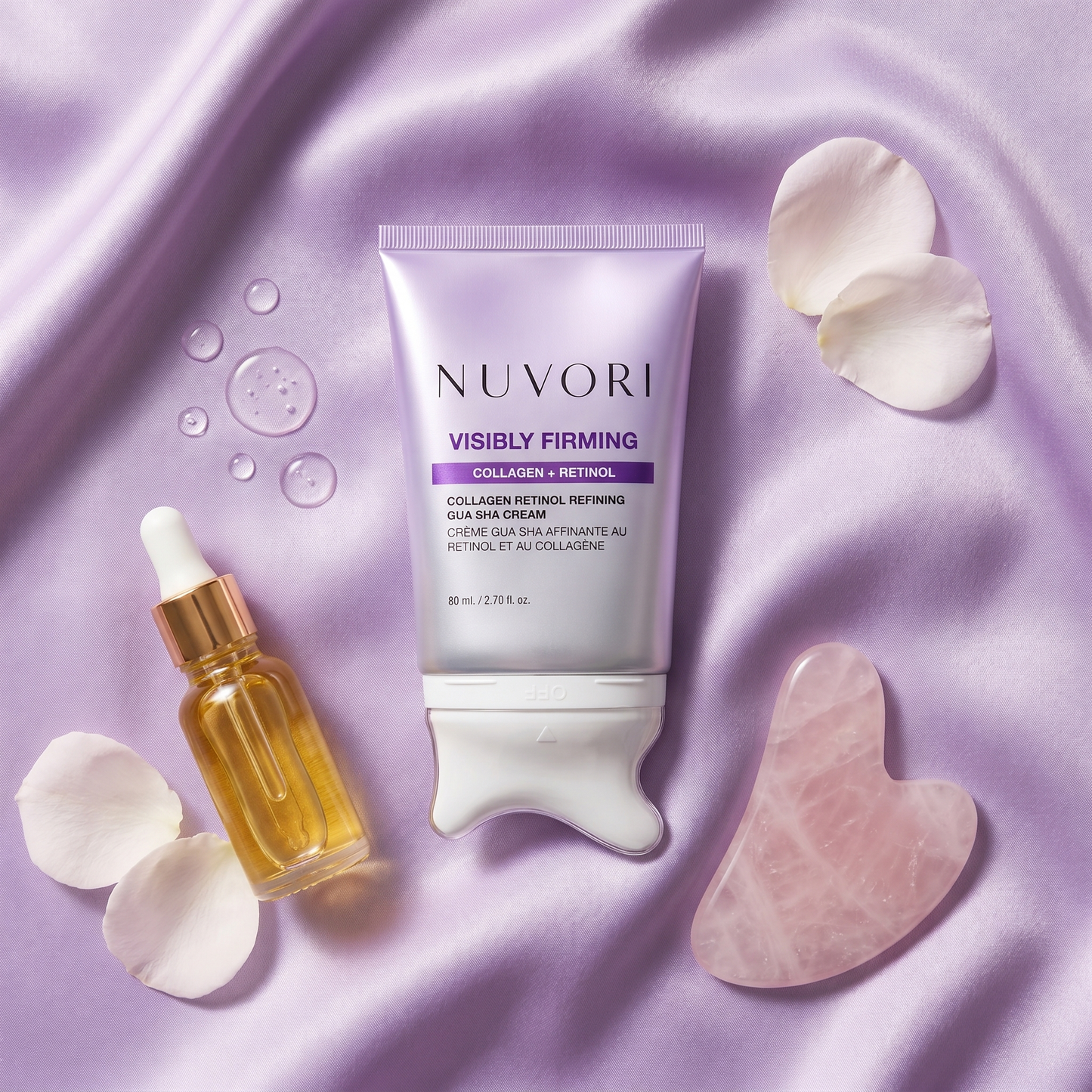 NUVORI gua sha cream flat lay with retinol and collagen ingredient cues