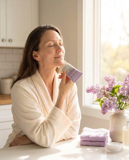 Woman performing her two-minute NUVORI gua sha ritual at the vanity