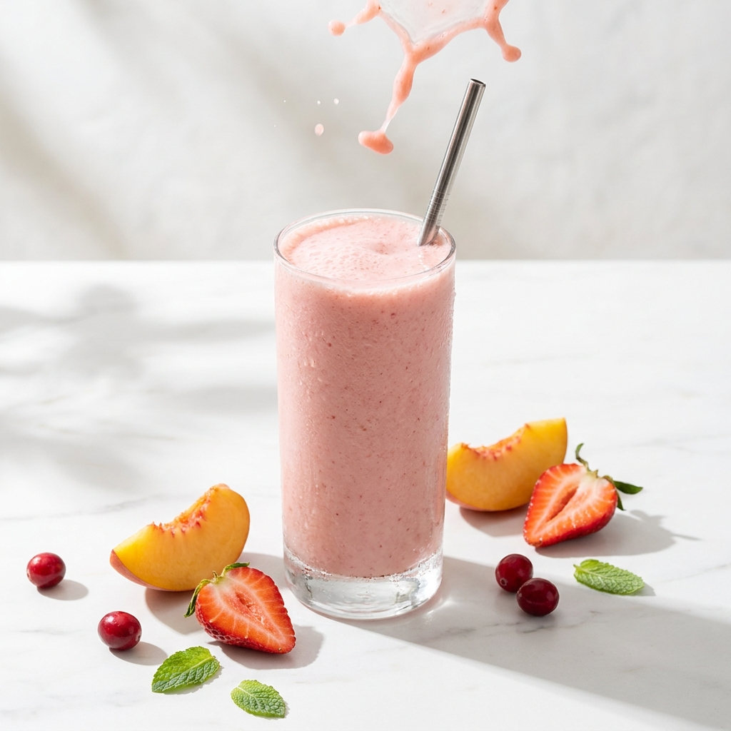 Glass of pink D-BLOAT drink with fresh strawberries and peaches
