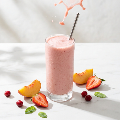Glass of pink D-BLOAT drink with fresh strawberries and peaches