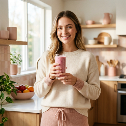 Woman enjoying a D-BLOAT pink drink