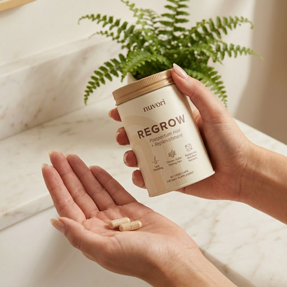 Two REGROW vege capsules in hand — your daily postpartum hair ritual